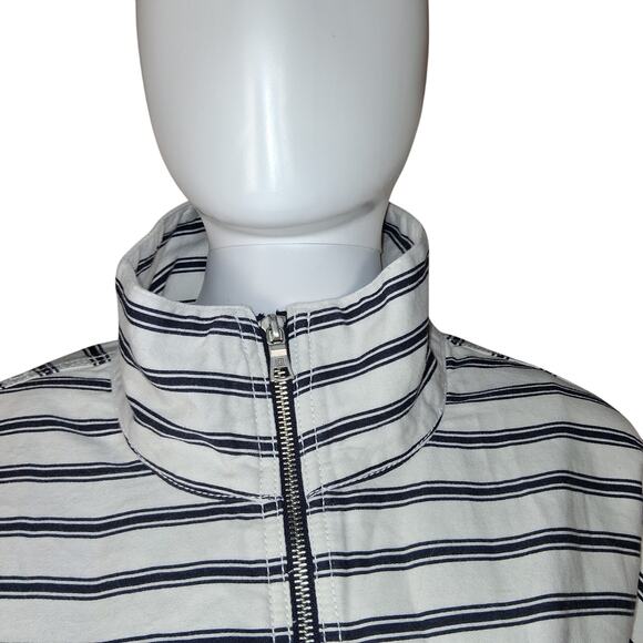 Liz Claiborne Size M Mockneck Zip Up Horizontal Striped Navy Blue White Pockets - Picture 5 of 9